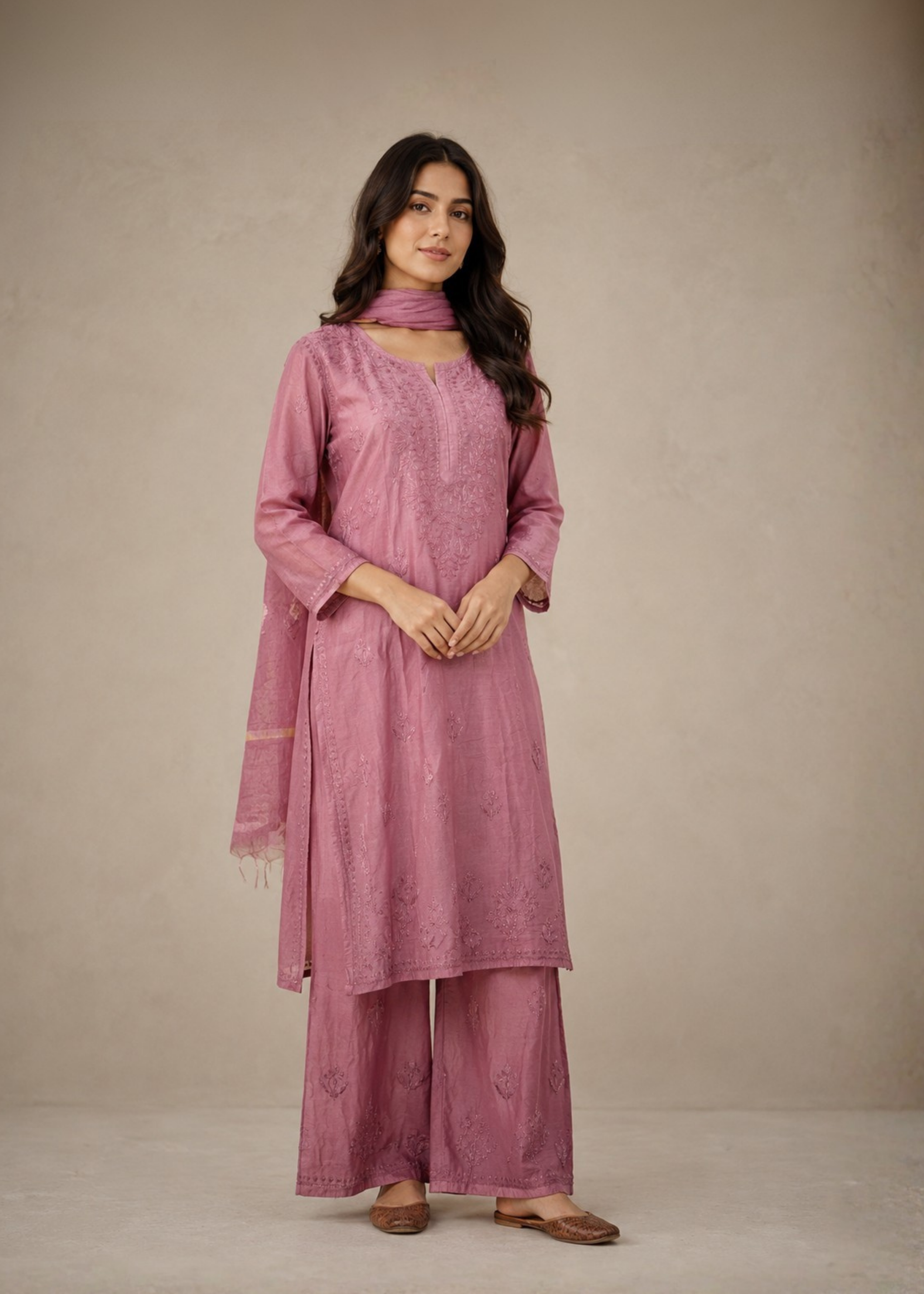 Noor Chikankari 3 Piece Set - Dusty Pink