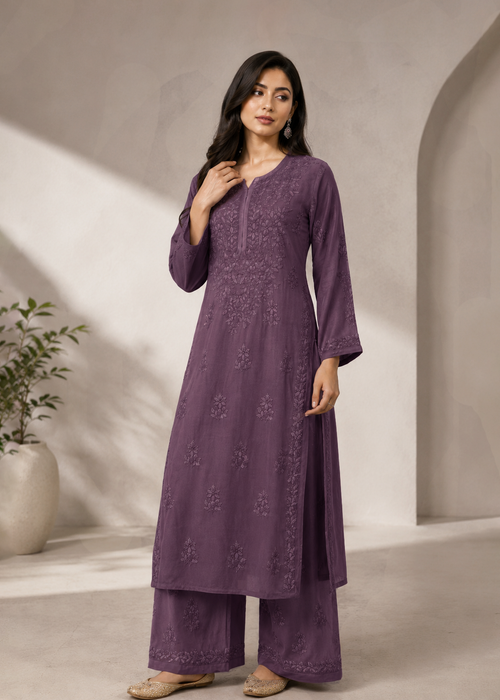 Adaa Chikankari 2 Piece Set - Berry Purple