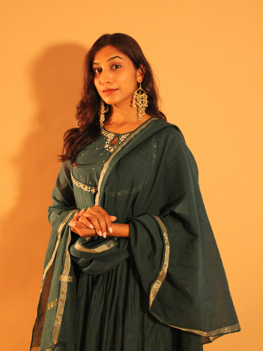 Teal Anarkali Set | Mul Chanderi | 3 Piece Set