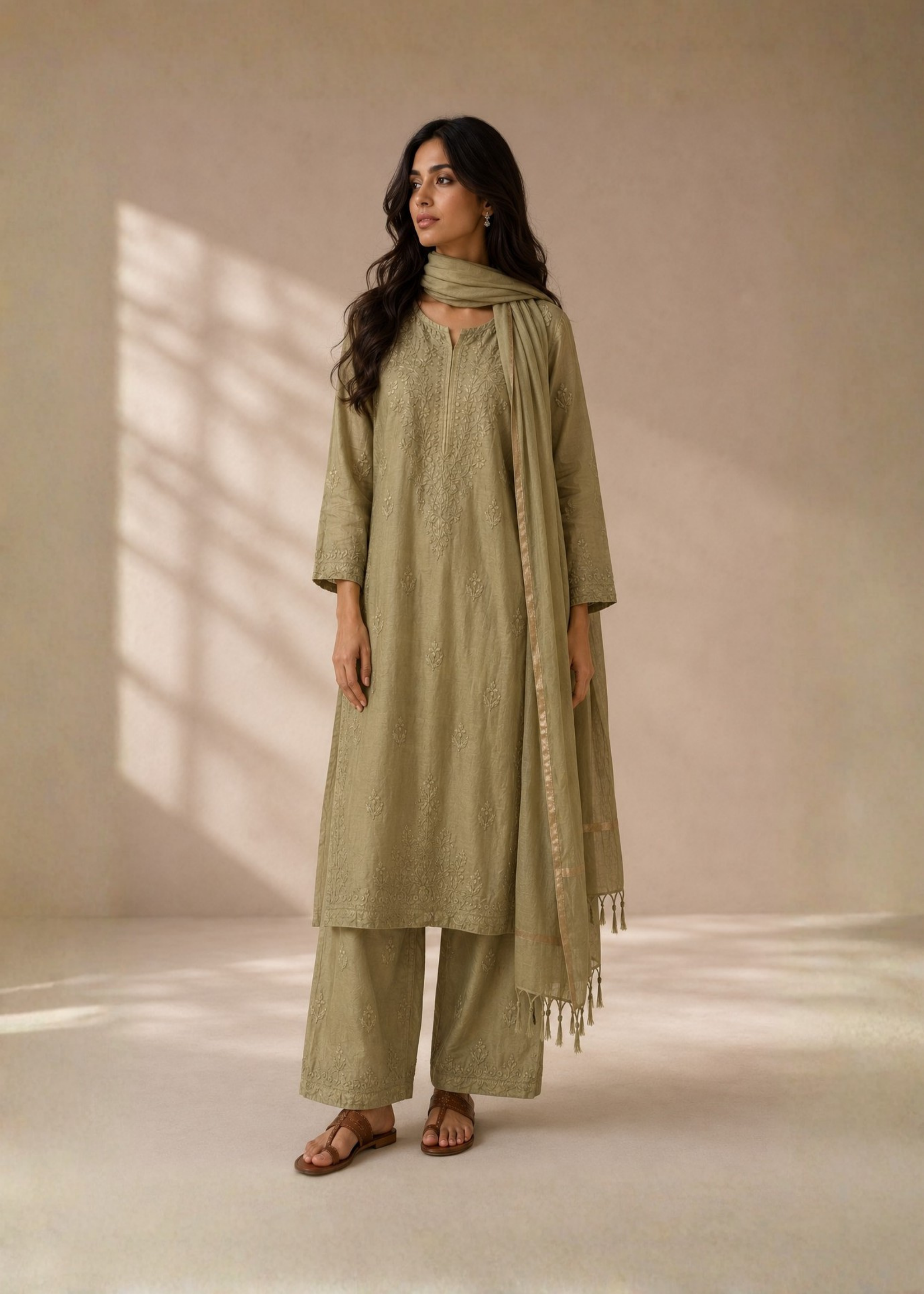 Noor Chikankari 3 Piece Set - Lime Green