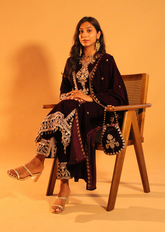 Violet Velvet Salwar + Potli