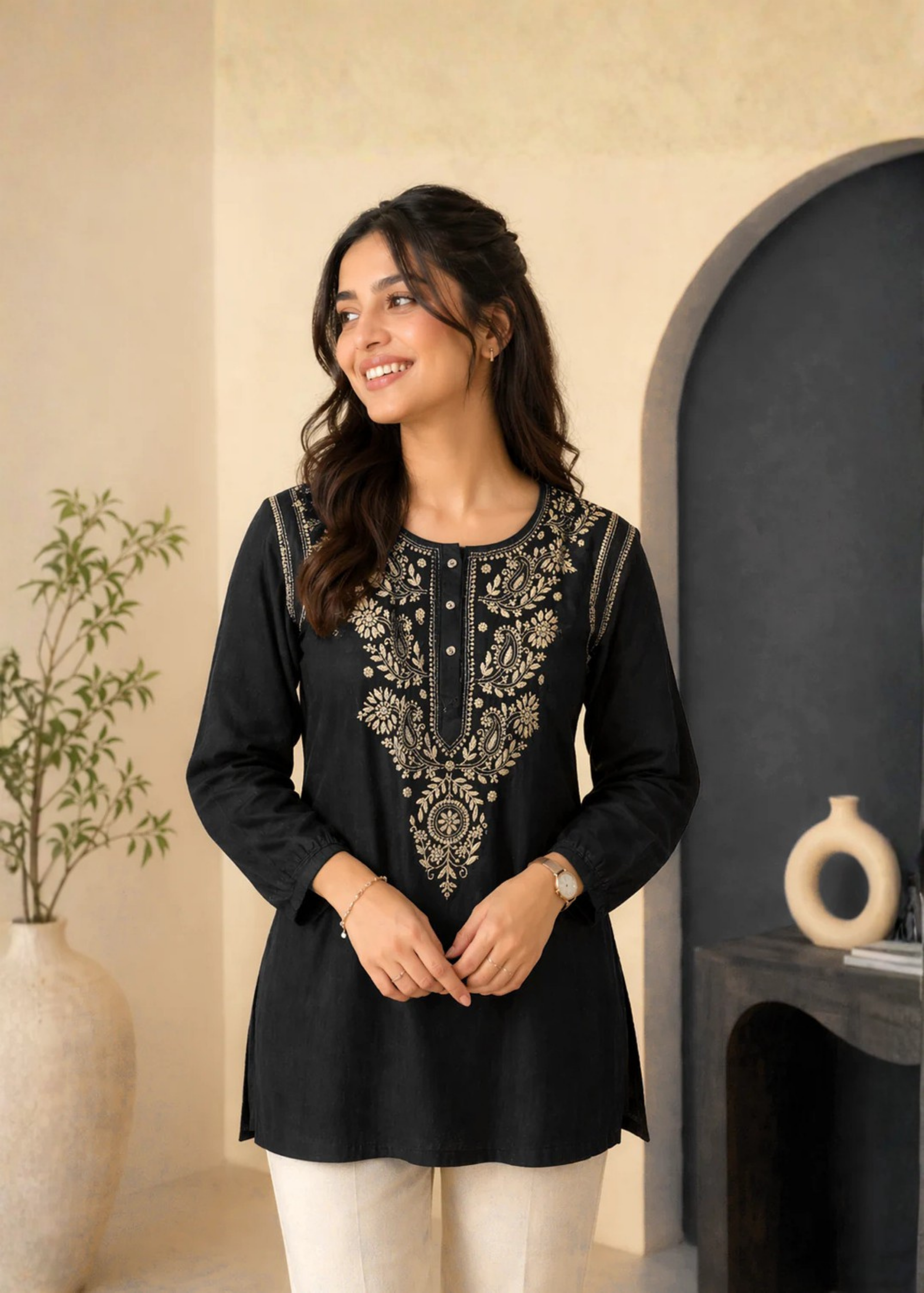 Mul Chikankari Kurti - Black