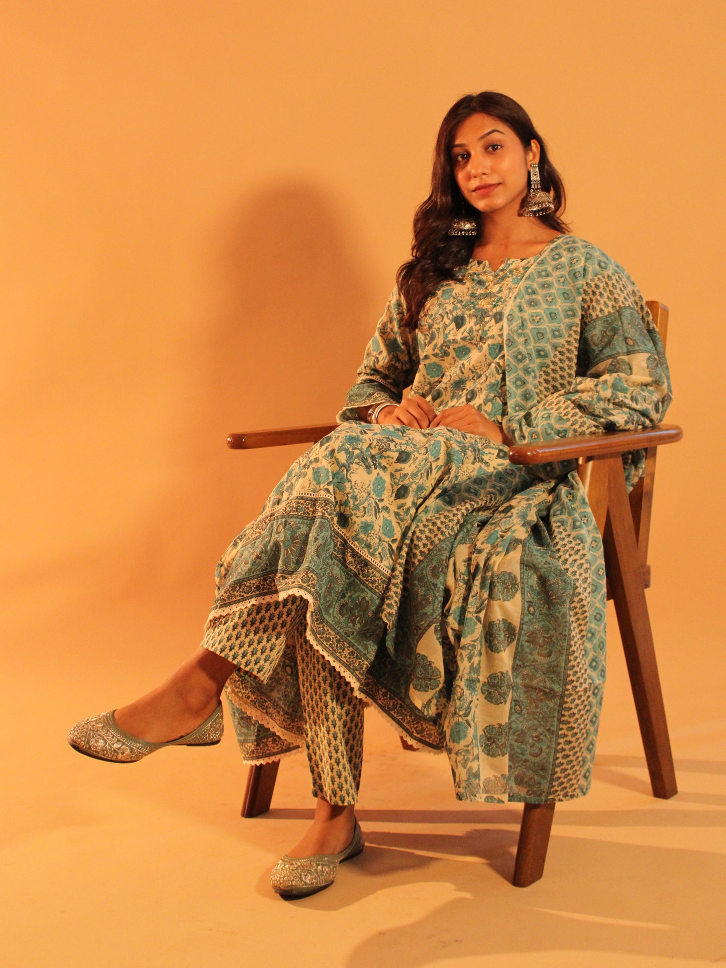 Floral Blue Anarkali Salwar | Pure Cotton | 3 Piece Set