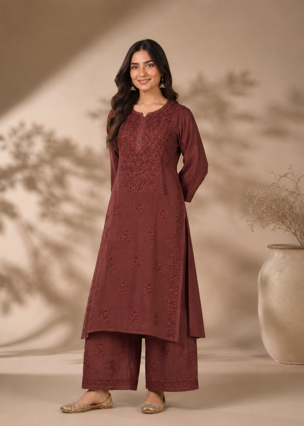 Adaa Chikankari 2 Piece Set - Brown
