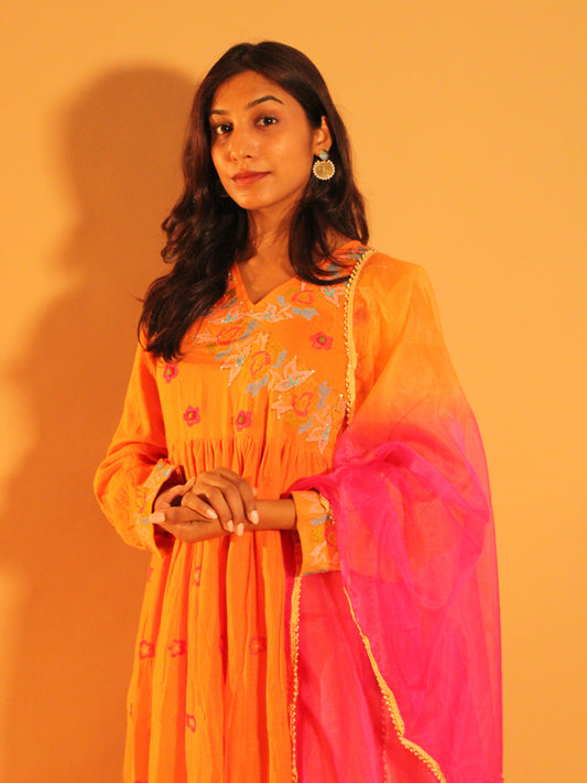 Orange Pink Anarkali Set | Pure Cotton | 3 Piece Set