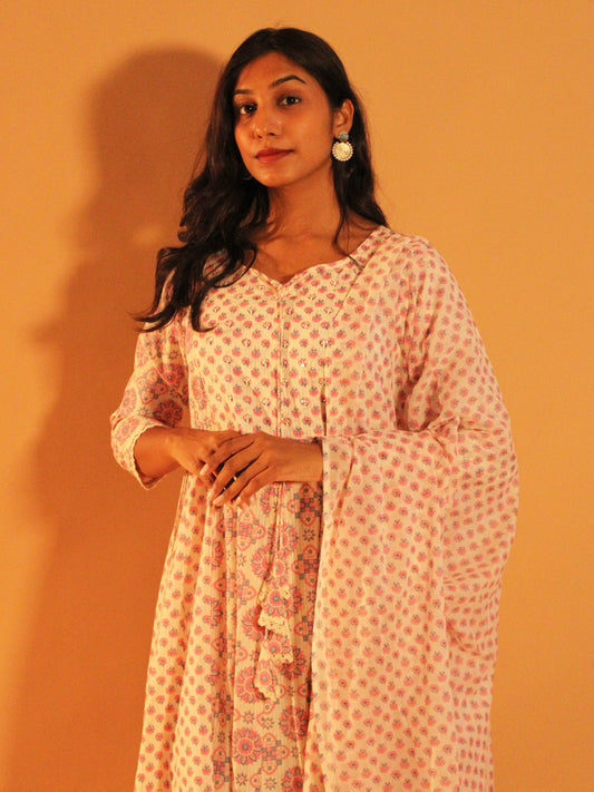 Floral Pink Anarkali Salwar | Pure Cotton | 3 Piece Set