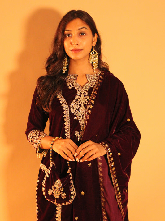 Dark Violet Velvet Salwar Set | Soft Velvet | 3 Piece Set + Potli