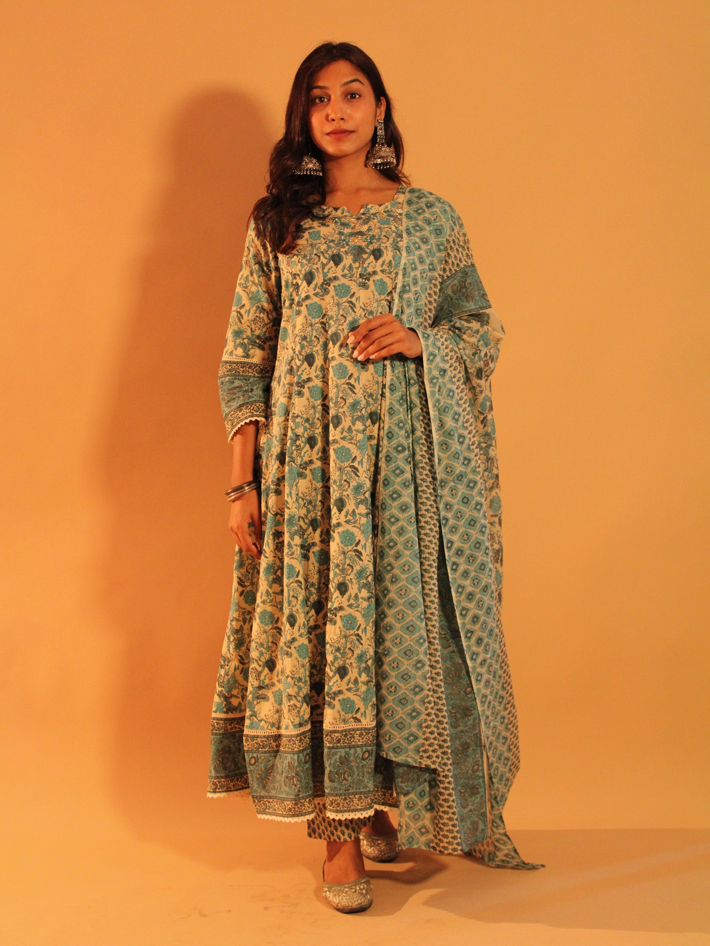 Floral Blue Anarkali Salwar | Pure Cotton | 3 Piece Set