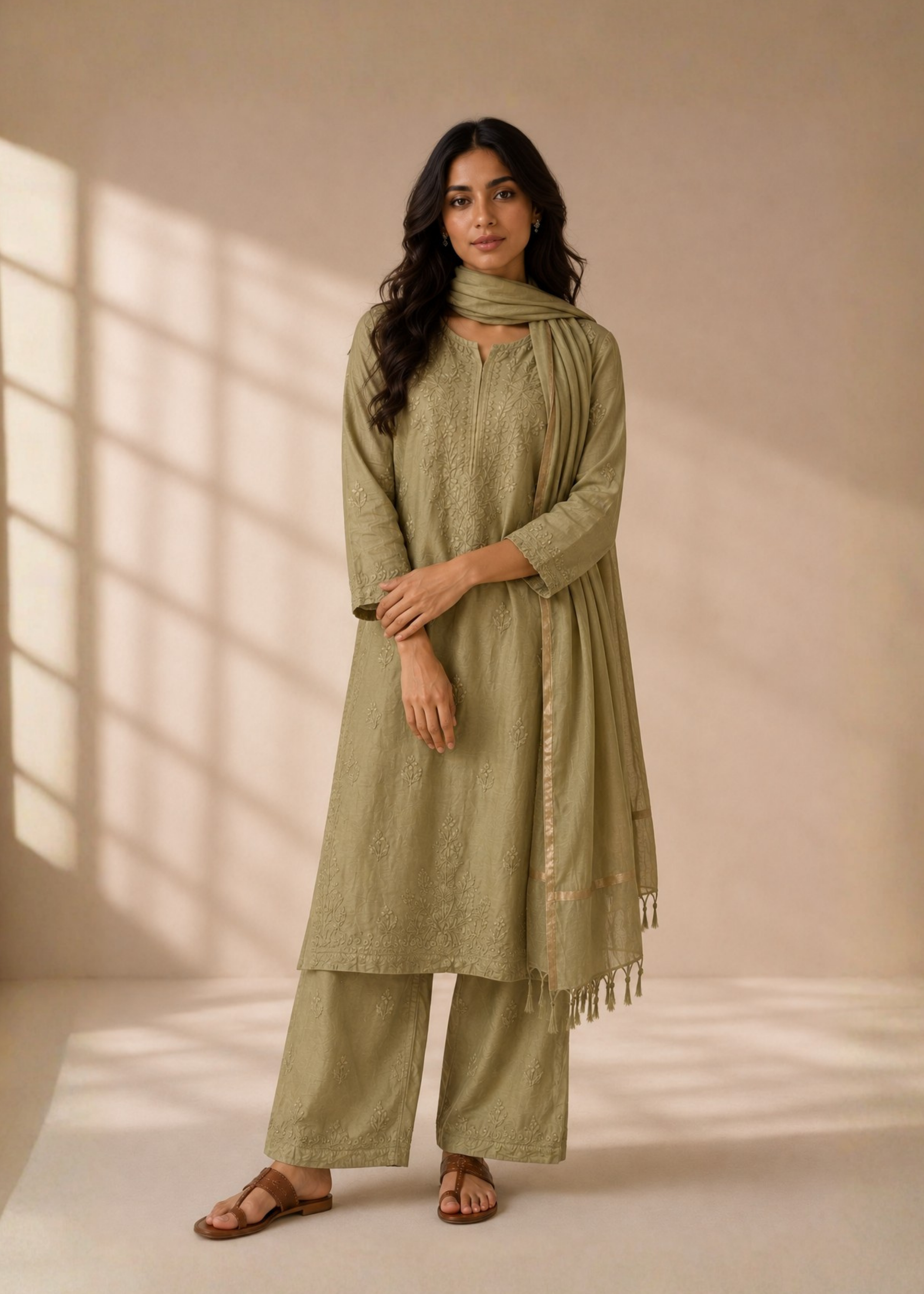 Noor Chikankari 3 Piece Set - Lime Green