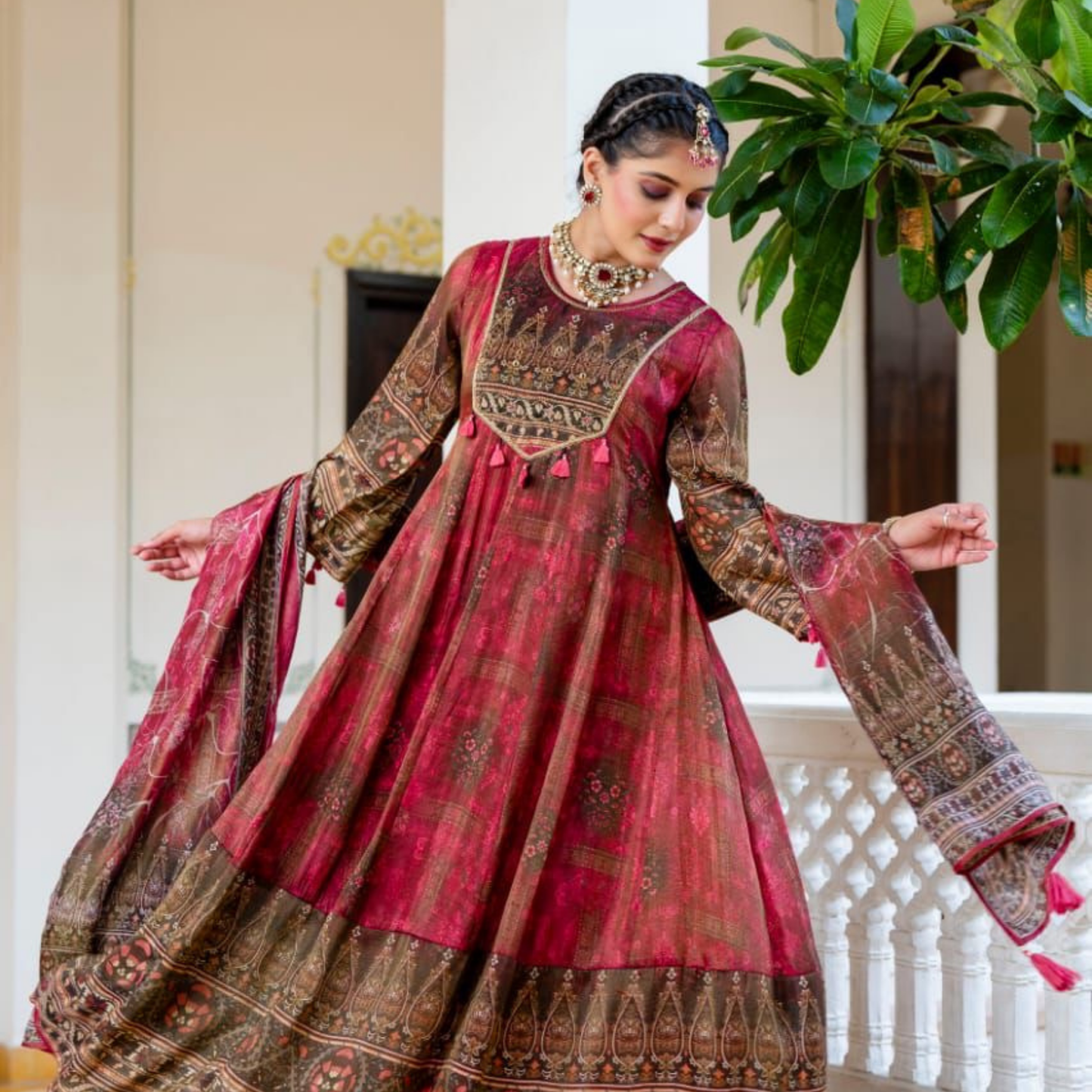 Pink with Tassels Anarkali Set | Shimmer Silk | 3 Piece Set
