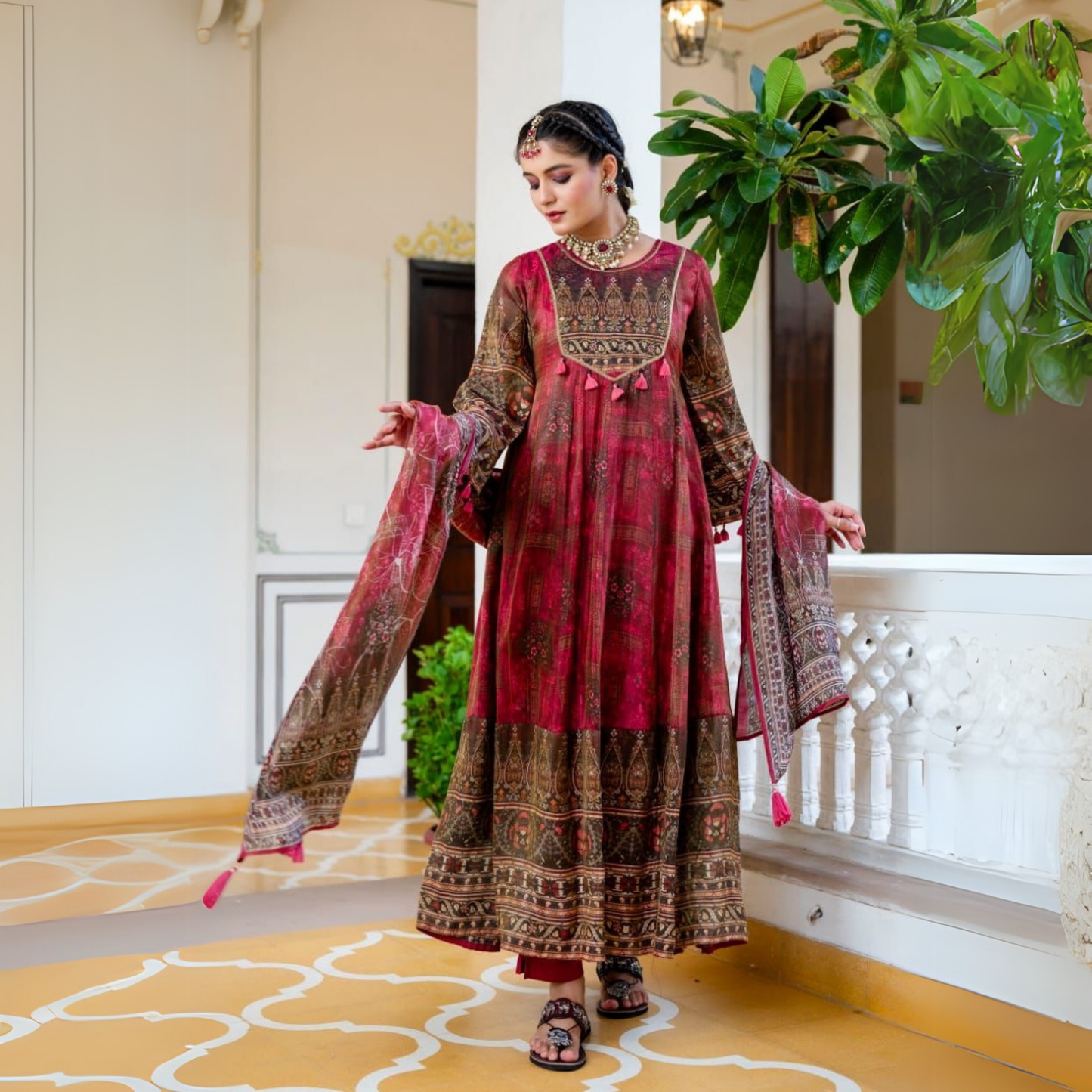 Pink with Tassels Anarkali Set | Shimmer Silk | 3 Piece Set