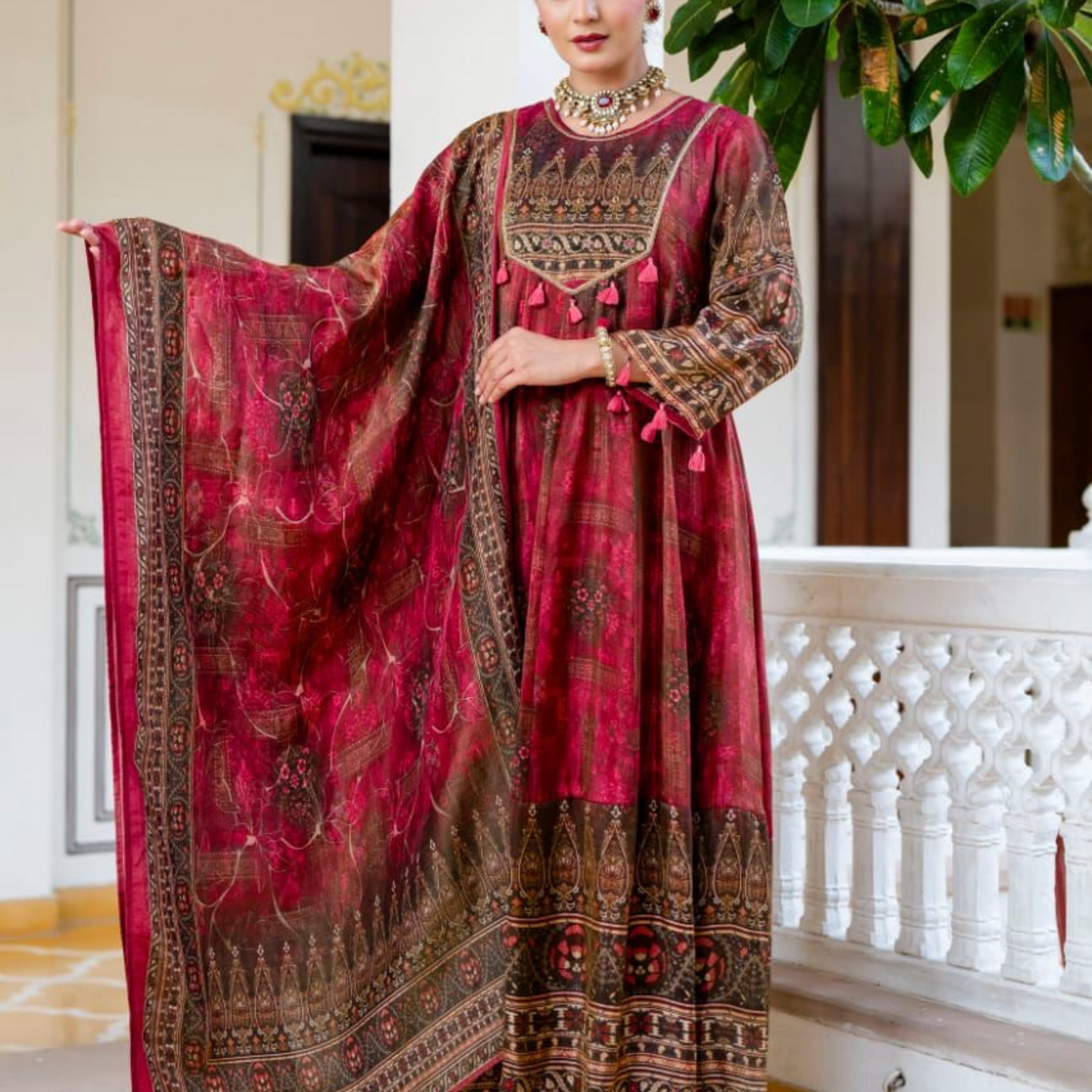 Pink with Tassels Anarkali Set | Shimmer Silk | 3 Piece Set