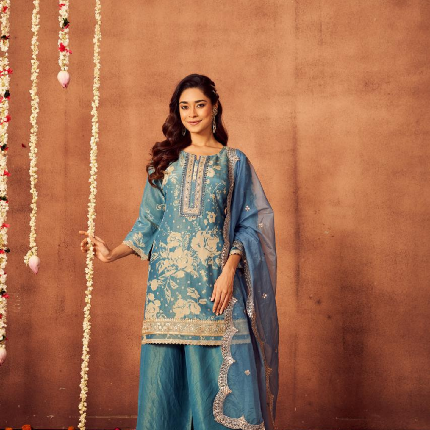 Blue Mirror Salwar Set | Shimmer Silk | 3 Piece Set