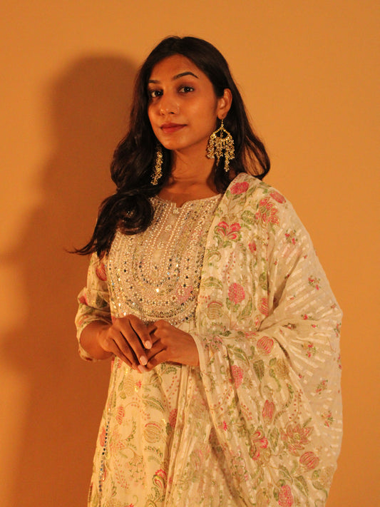 White Embellished Salwar Set | Pure Cotton | 3 Piece Set