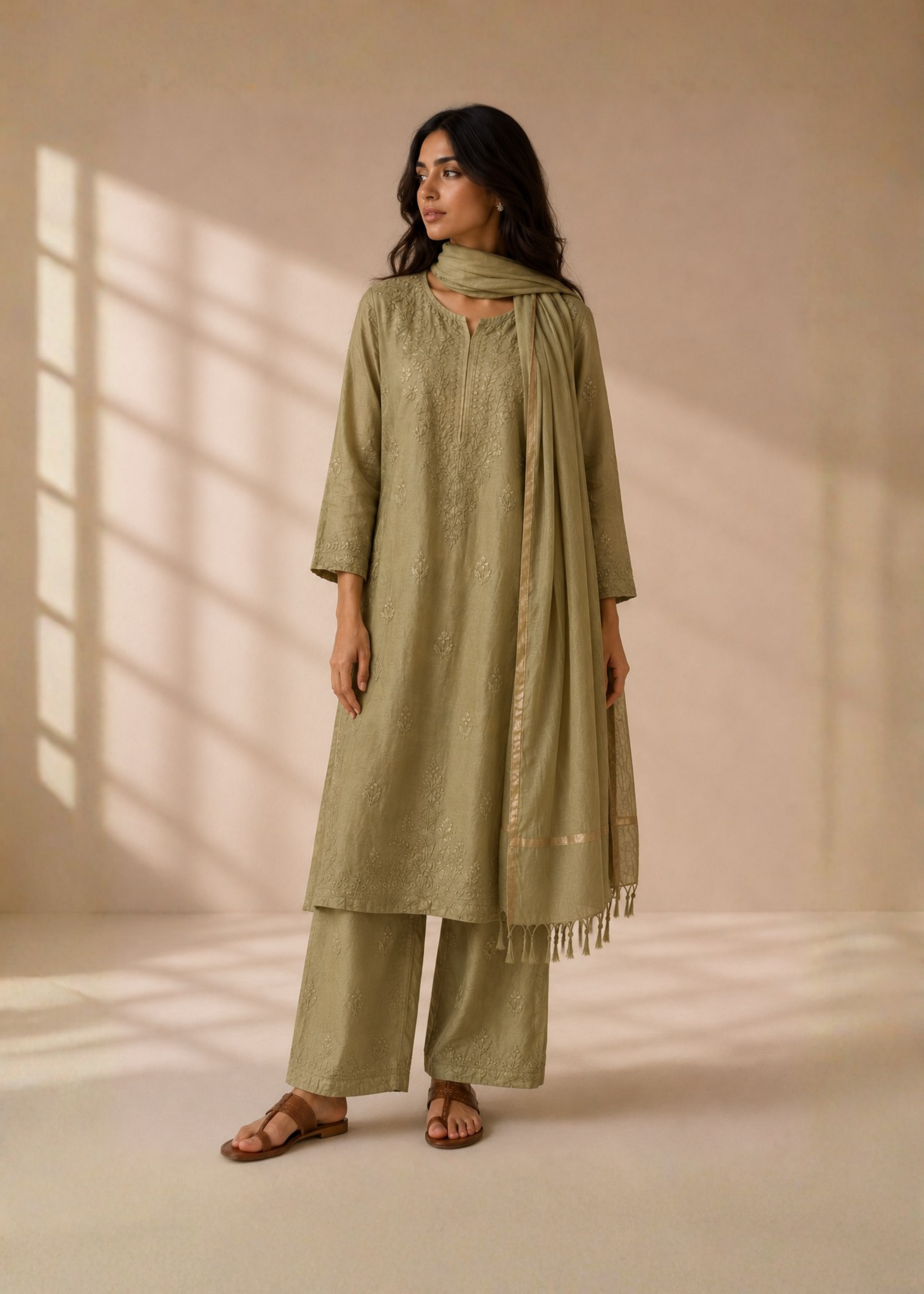 Noor Chikankari 3 Piece Set - Lime Green