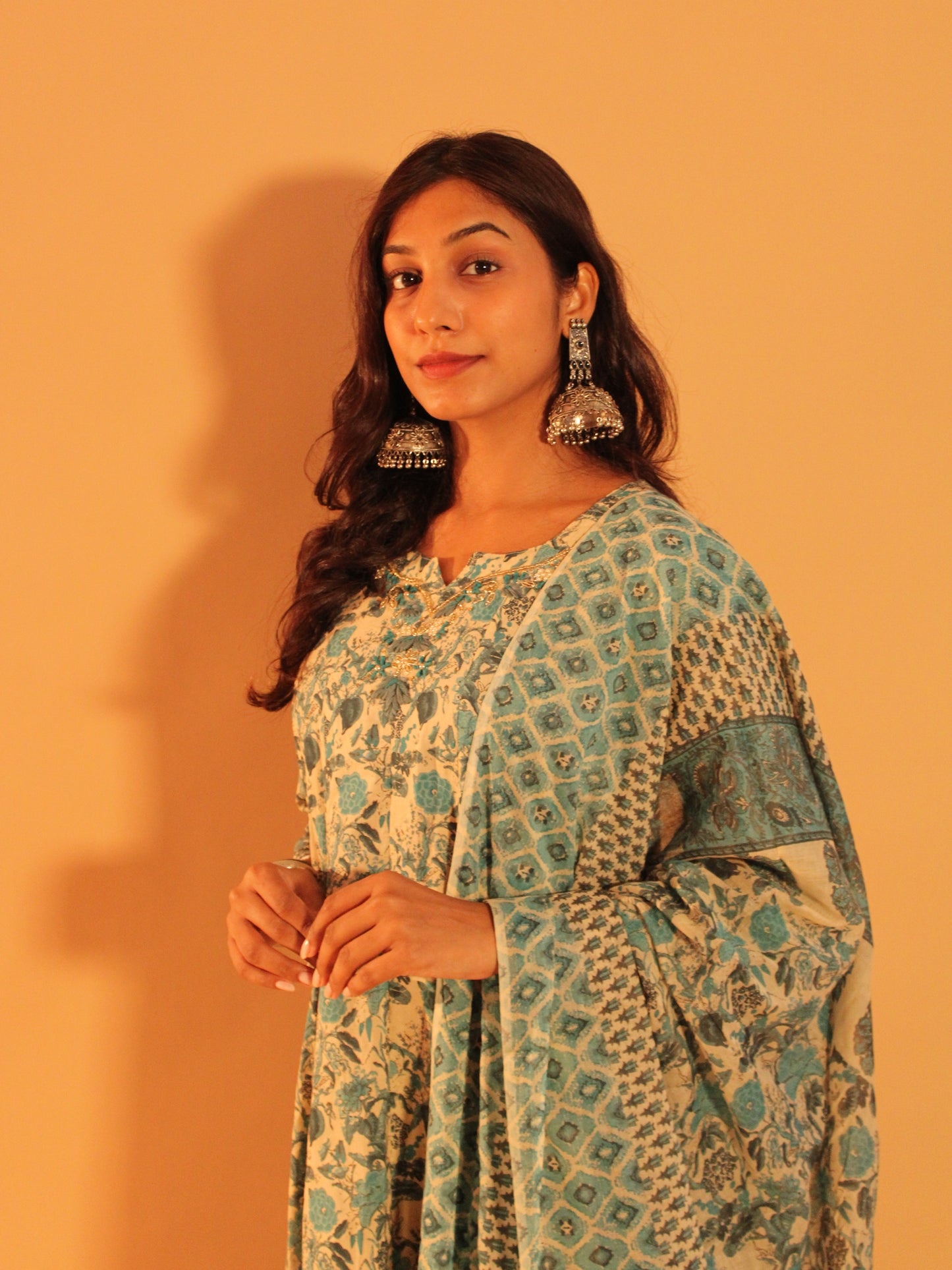 Floral Blue Anarkali Salwar | Pure Cotton | 3 Piece Set