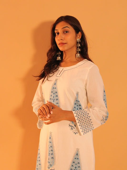 White & Blue Block Printed Coord Set | Mul Cotton | 2 Piece Set