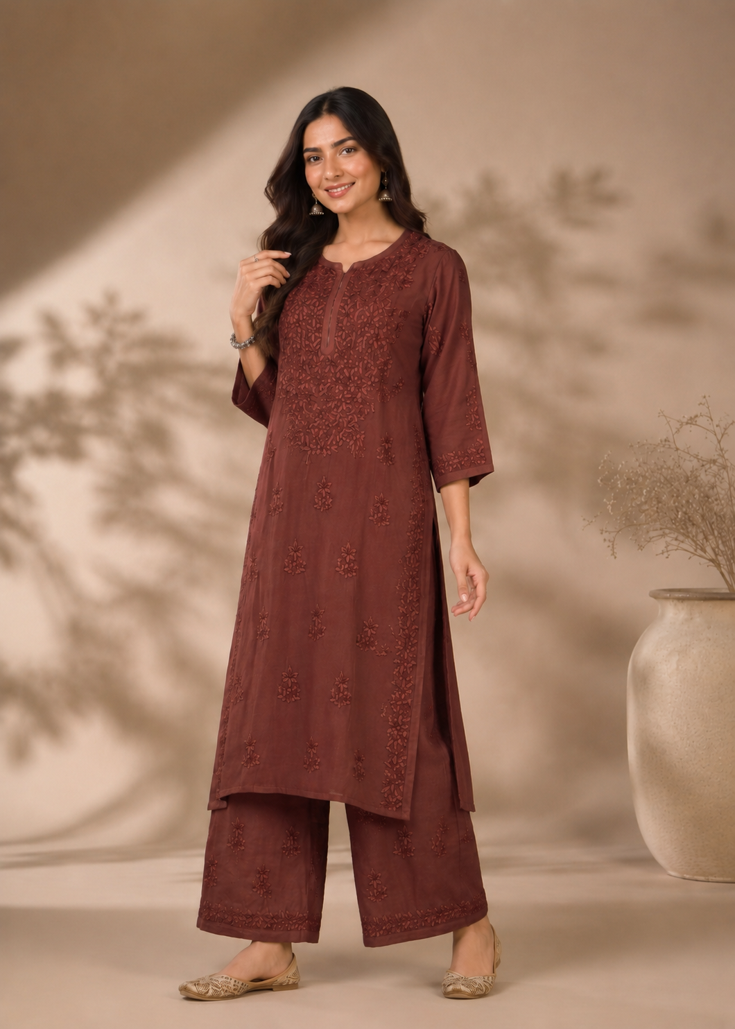 Adaa Chikankari 2 Piece Set - Brown