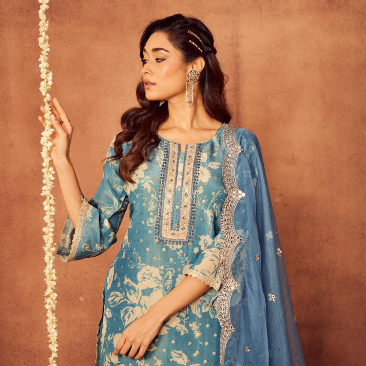Blue Mirror Salwar Set | Shimmer Silk | 3 Piece Set