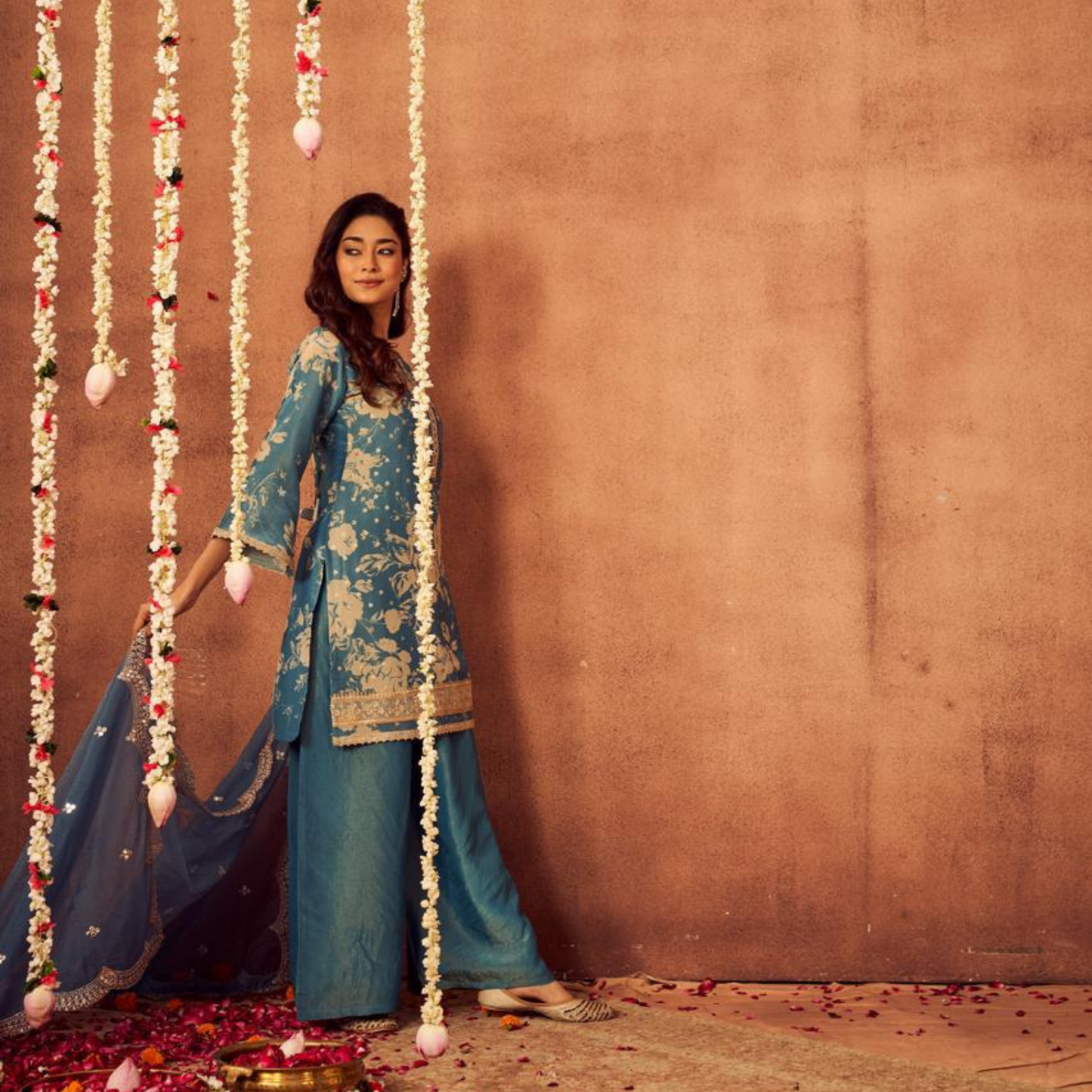 Blue Mirror Salwar Set | Shimmer Silk | 3 Piece Set