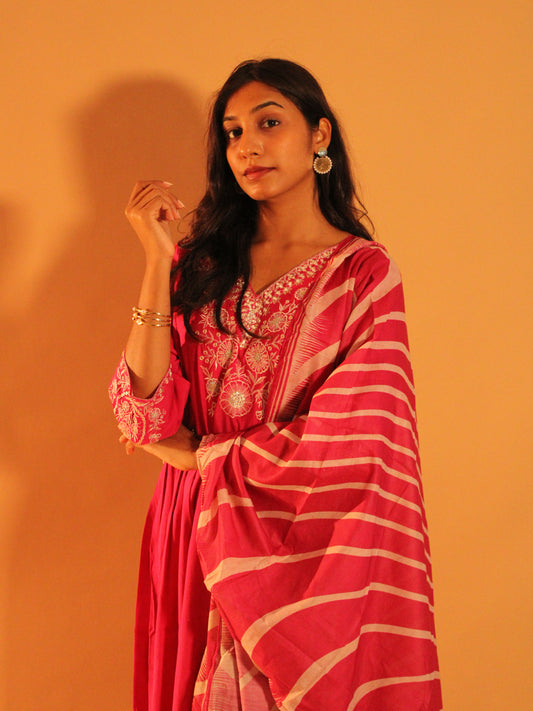 Rani Pink Embroidered Salwar Set | Natural Silk | 3 Piece Set