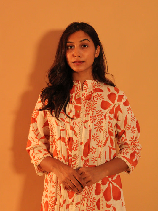 Orange Block Printed Coord Set | Mul Cotton | 2 Piece Set