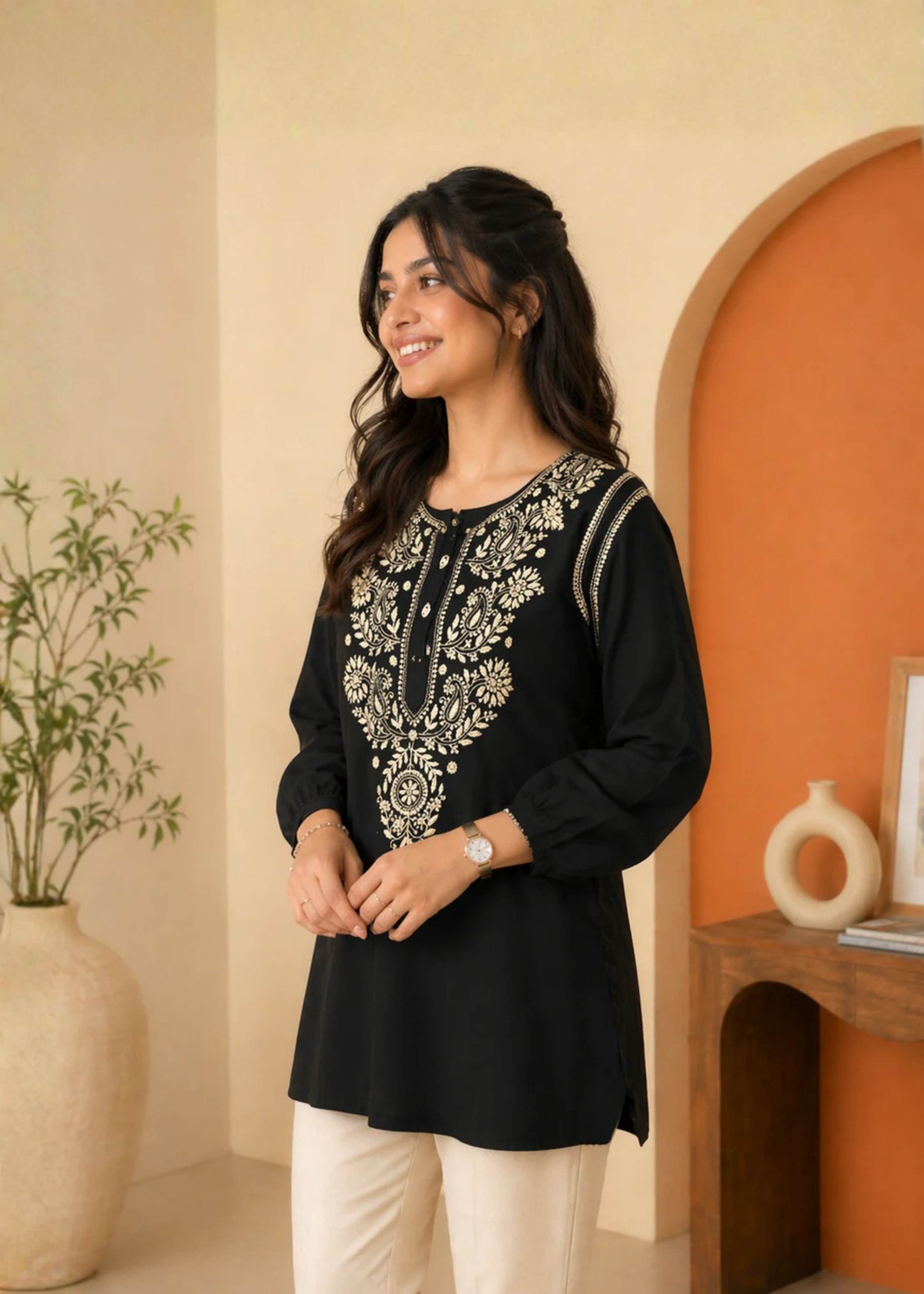 Mul Chikankari Kurti - Black