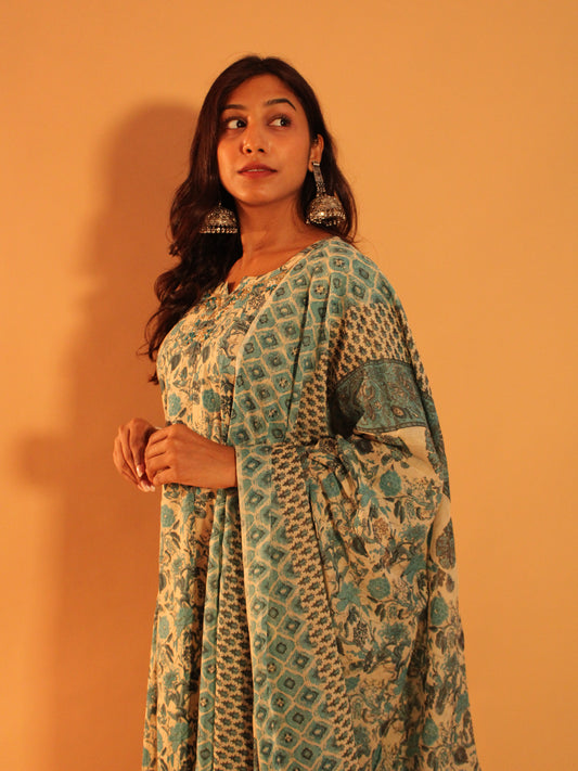 Floral Blue Anarkali Salwar | Pure Cotton | 3 Piece Set
