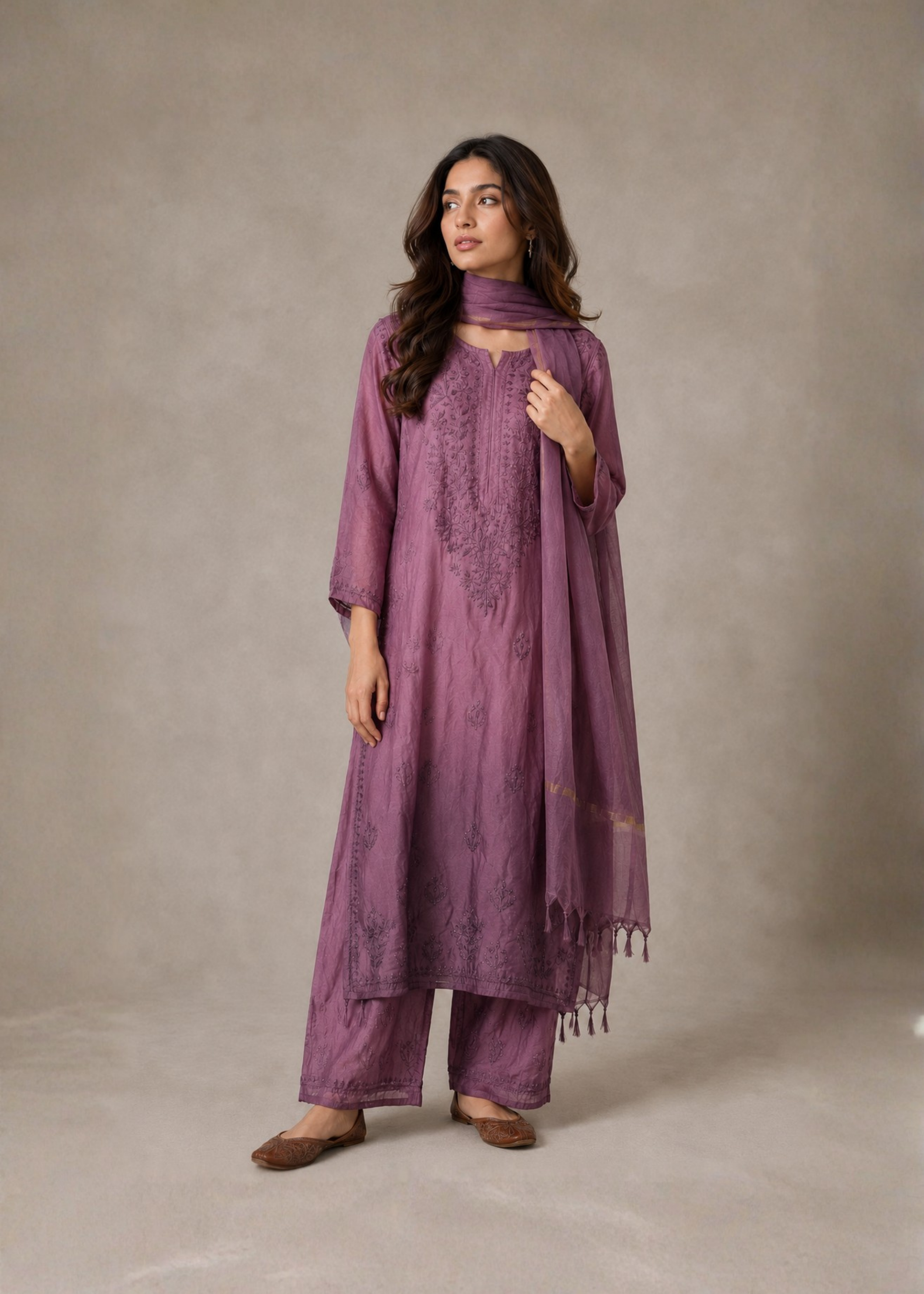 Noor Chikankari 3 Piece Set - Berry Purple
