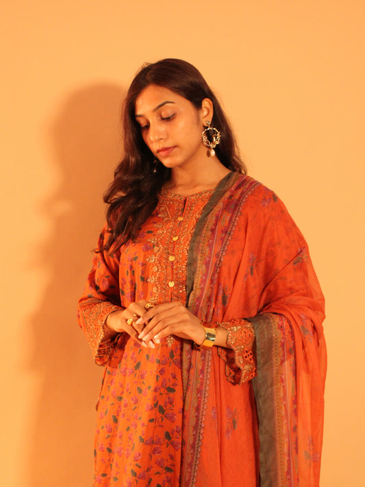 Burnt Orange Farshi Salwar Set | Pure Cotton | 3 Piece Set