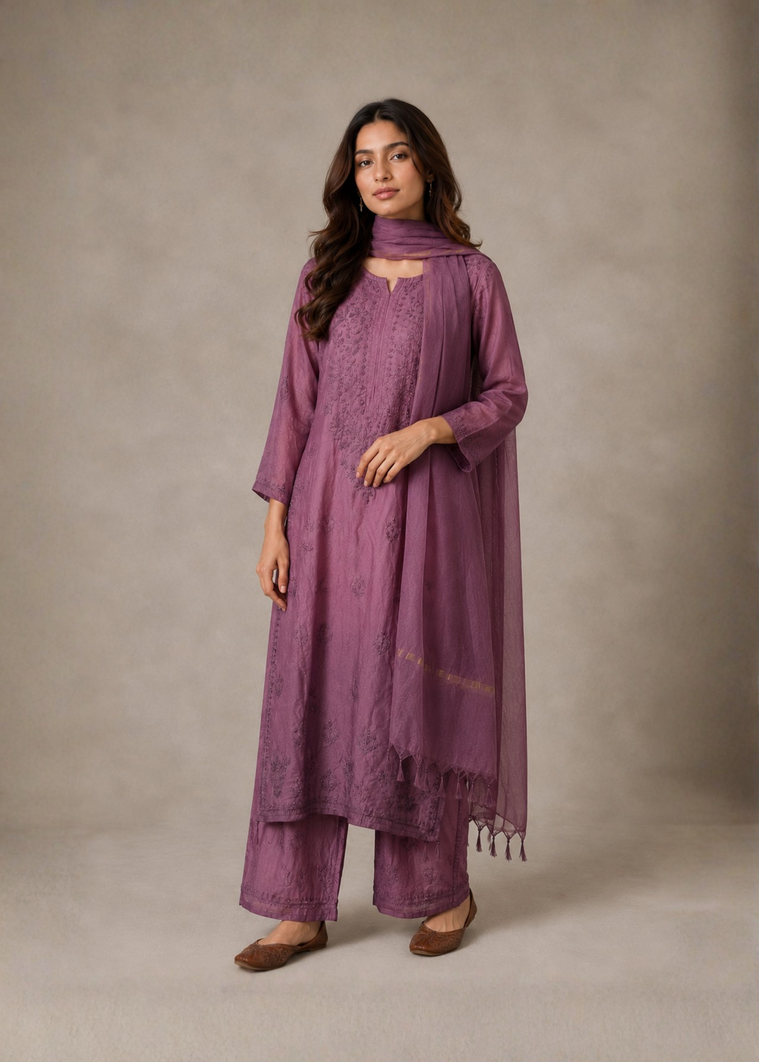 Noor Chikankari 3 Piece Set - Berry Purple