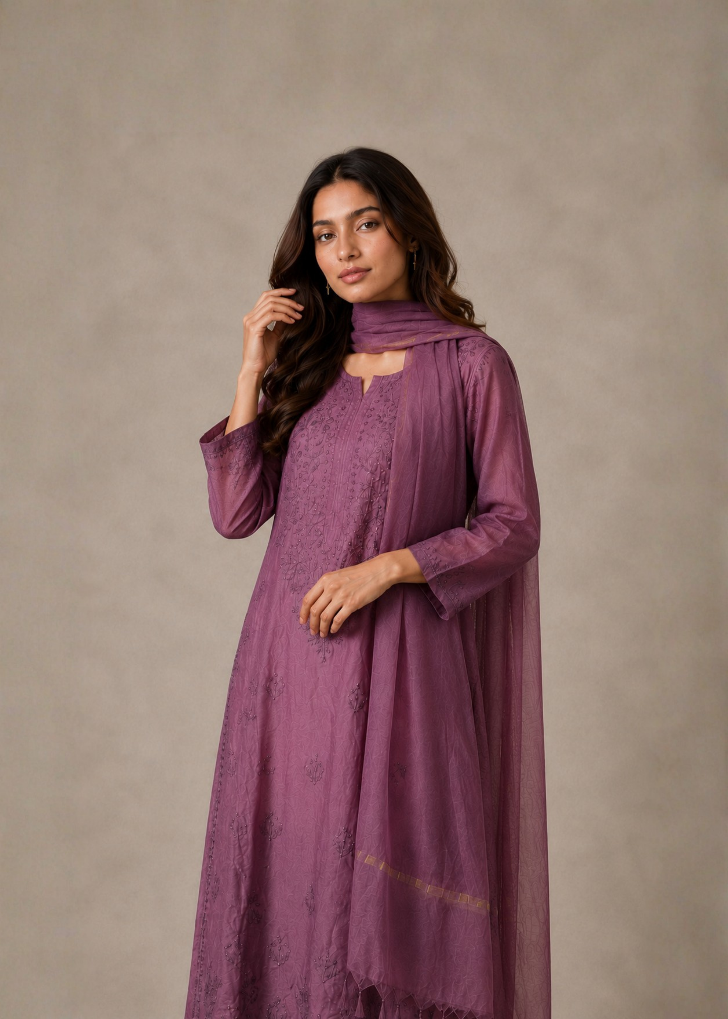 Noor Chikankari 3 Piece Set - Berry Purple