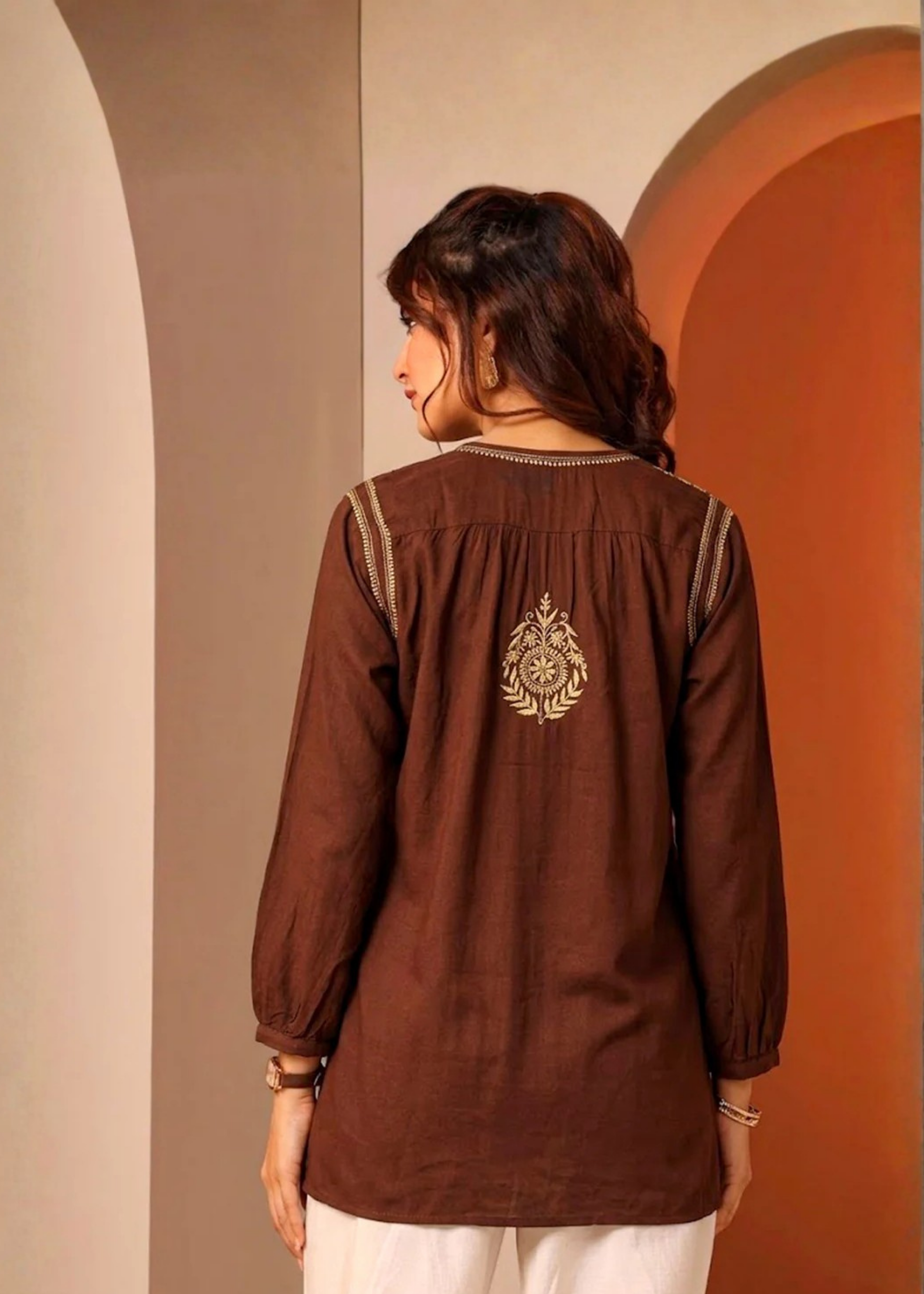 Mul Chikankari Kurti - Brown