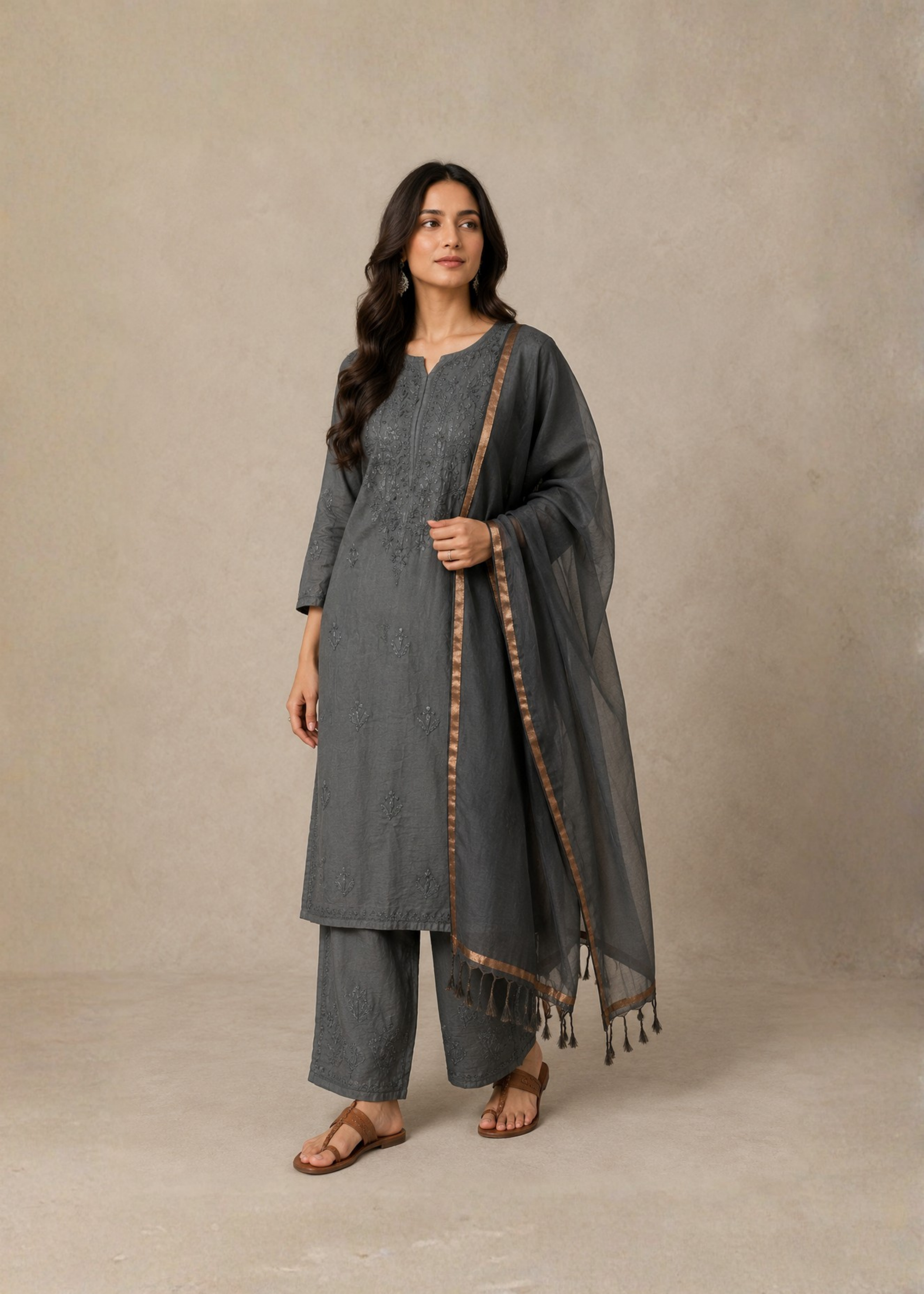 Noor Chikankari 3 Piece Set - Dark Grey