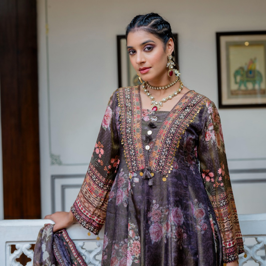 Deep Purple Anarkali Set | Shimmer Silk | 3 Piece Set