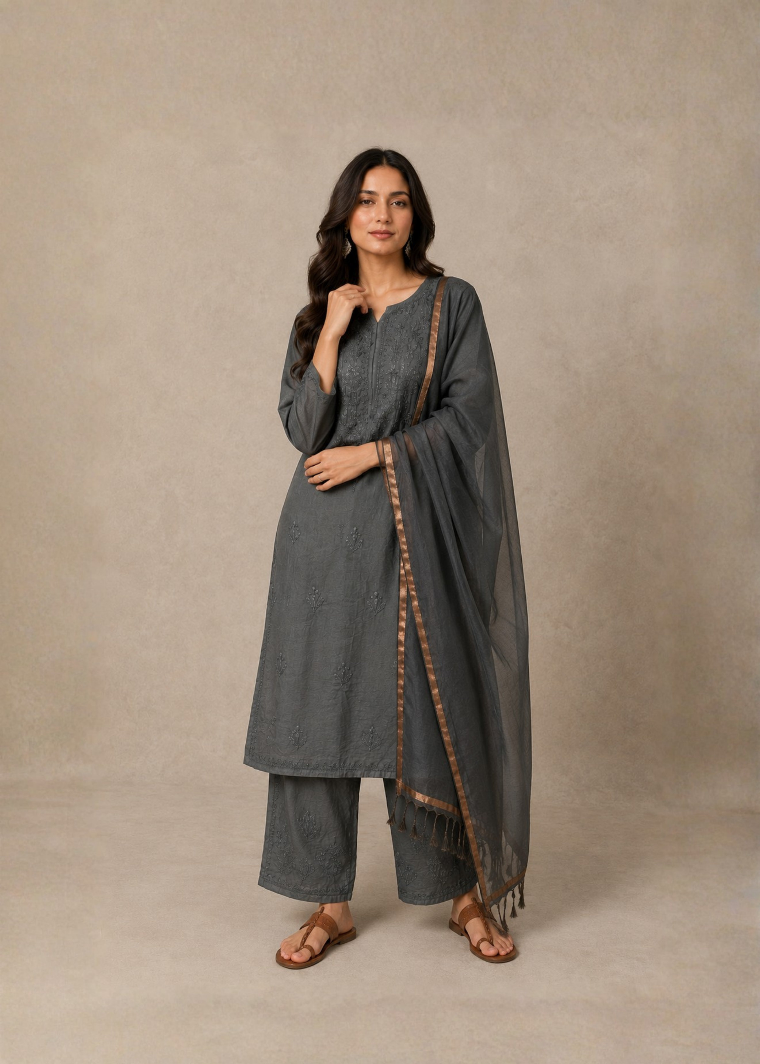 Noor Chikankari 3 Piece Set - Dark Grey