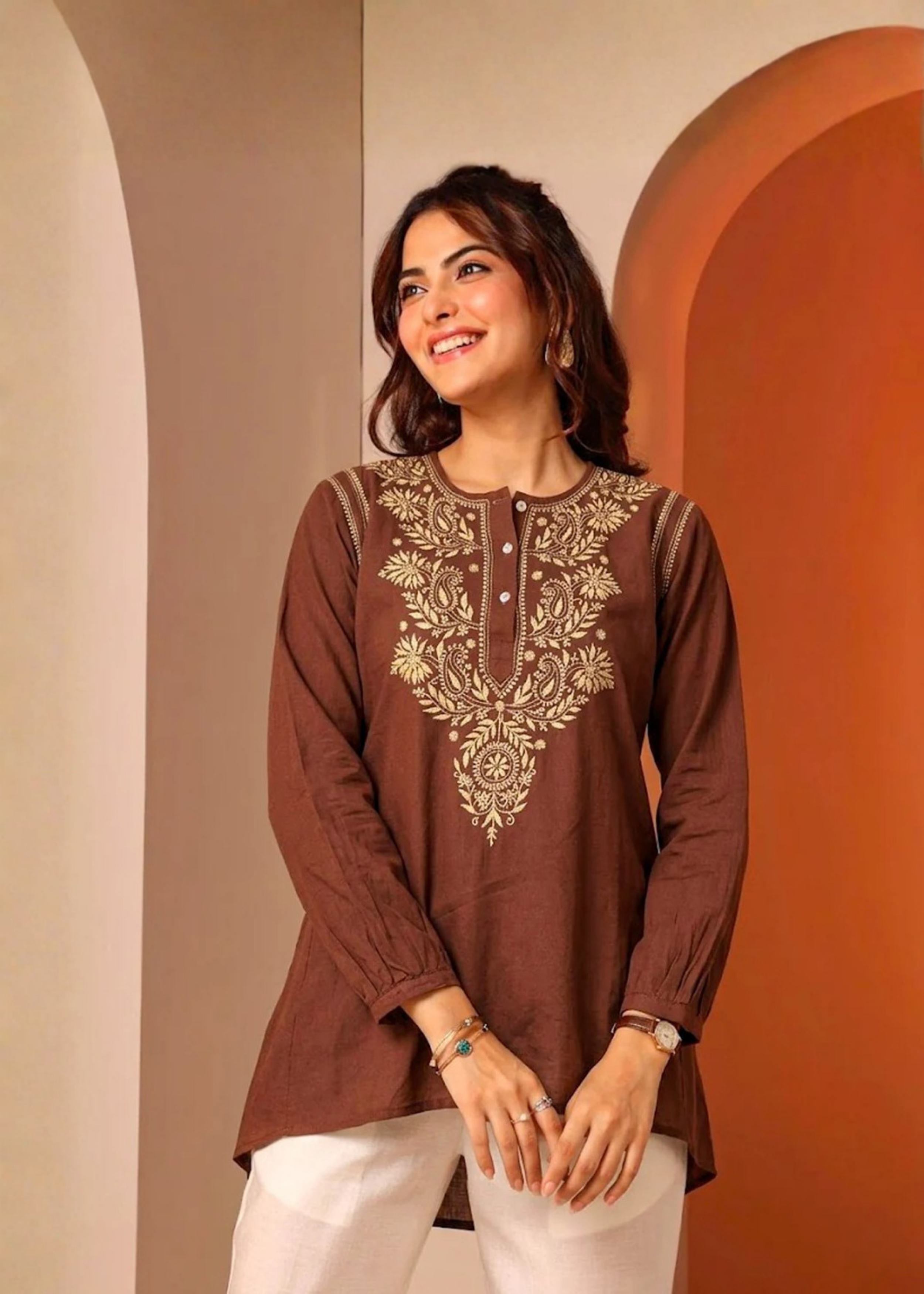 Mul Chikankari Kurti - Brown