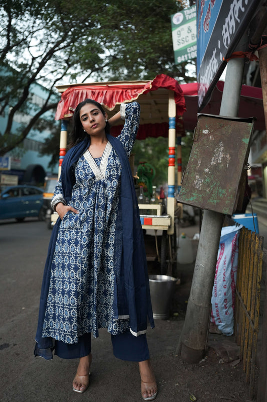 Blue & White A Line Set | Mul Cotton | 3 Piece Set