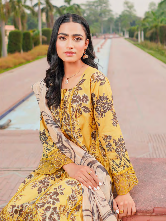 Mustard Embroidered Stitched Salwar Set | Lawn Cotton | Munira