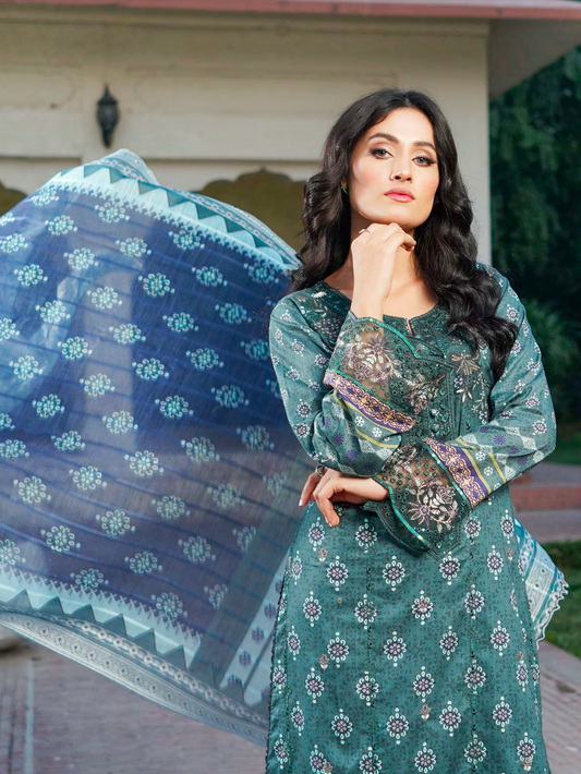 Teal Embroidered Stitched Salwar Set | Lawn Cotton | Munira