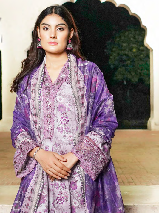 Purple Embroidered Stitched Salwar Set | Lawn Cotton | Munira