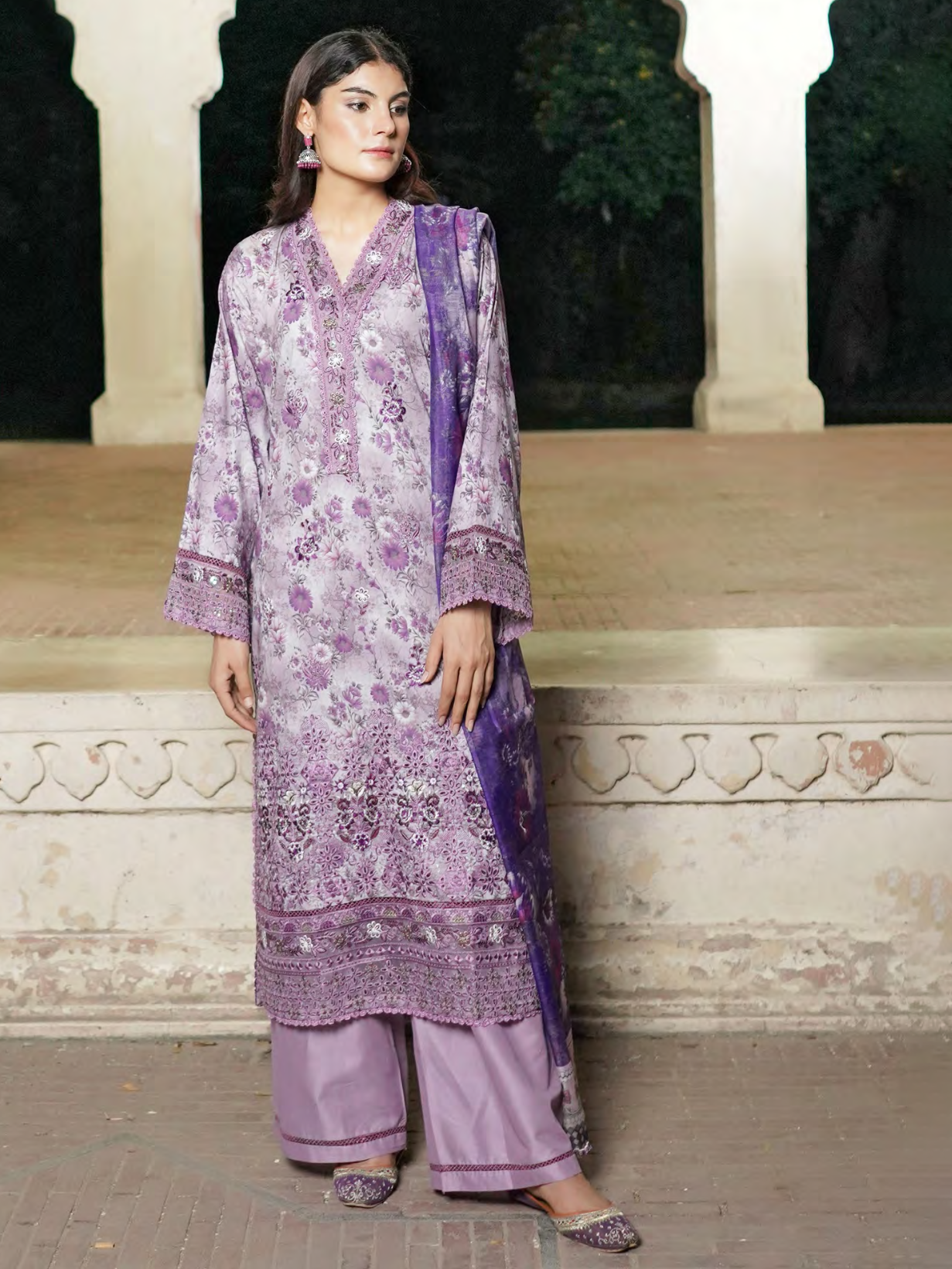Purple Embroidered Stitched Salwar Set | Lawn Cotton | Munira