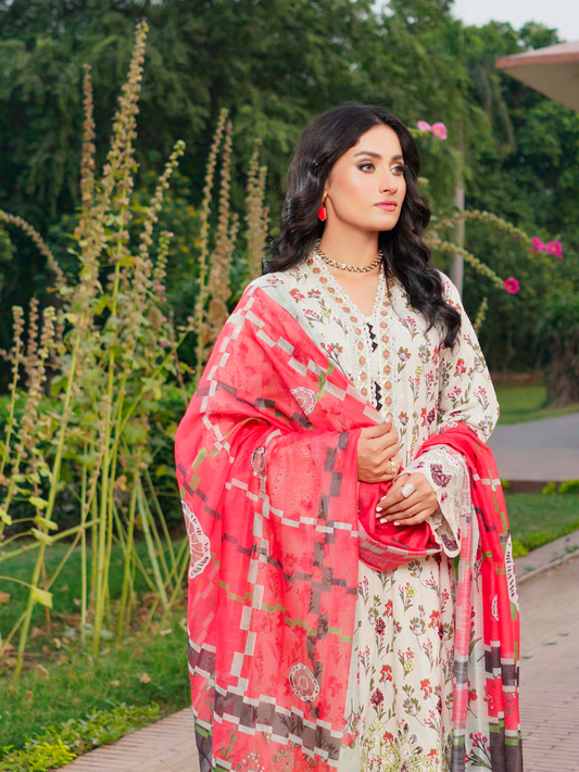 Off White Embroidered Stitched Salwar Set | Lawn Cotton | Munira