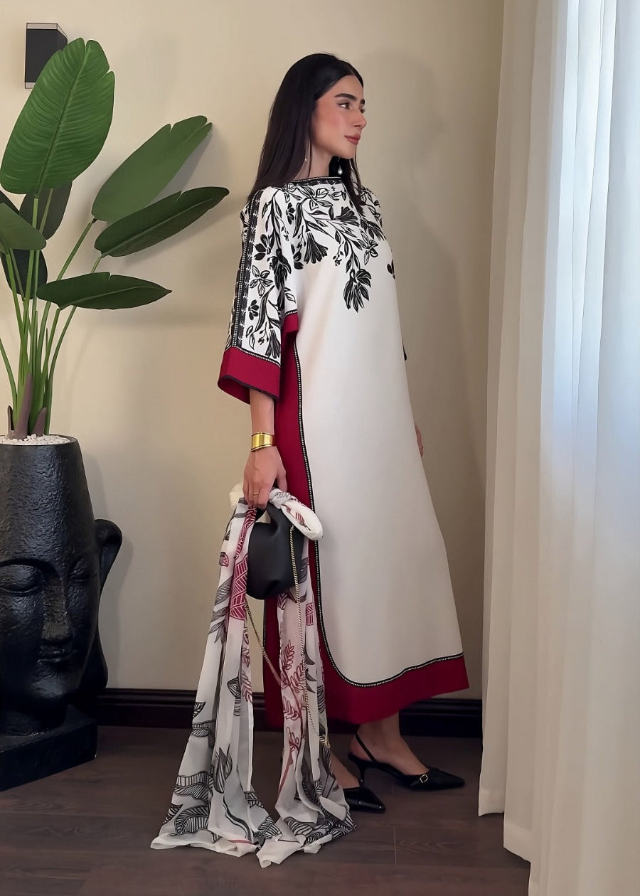 Leafy Red Kaftaan + Dupatta