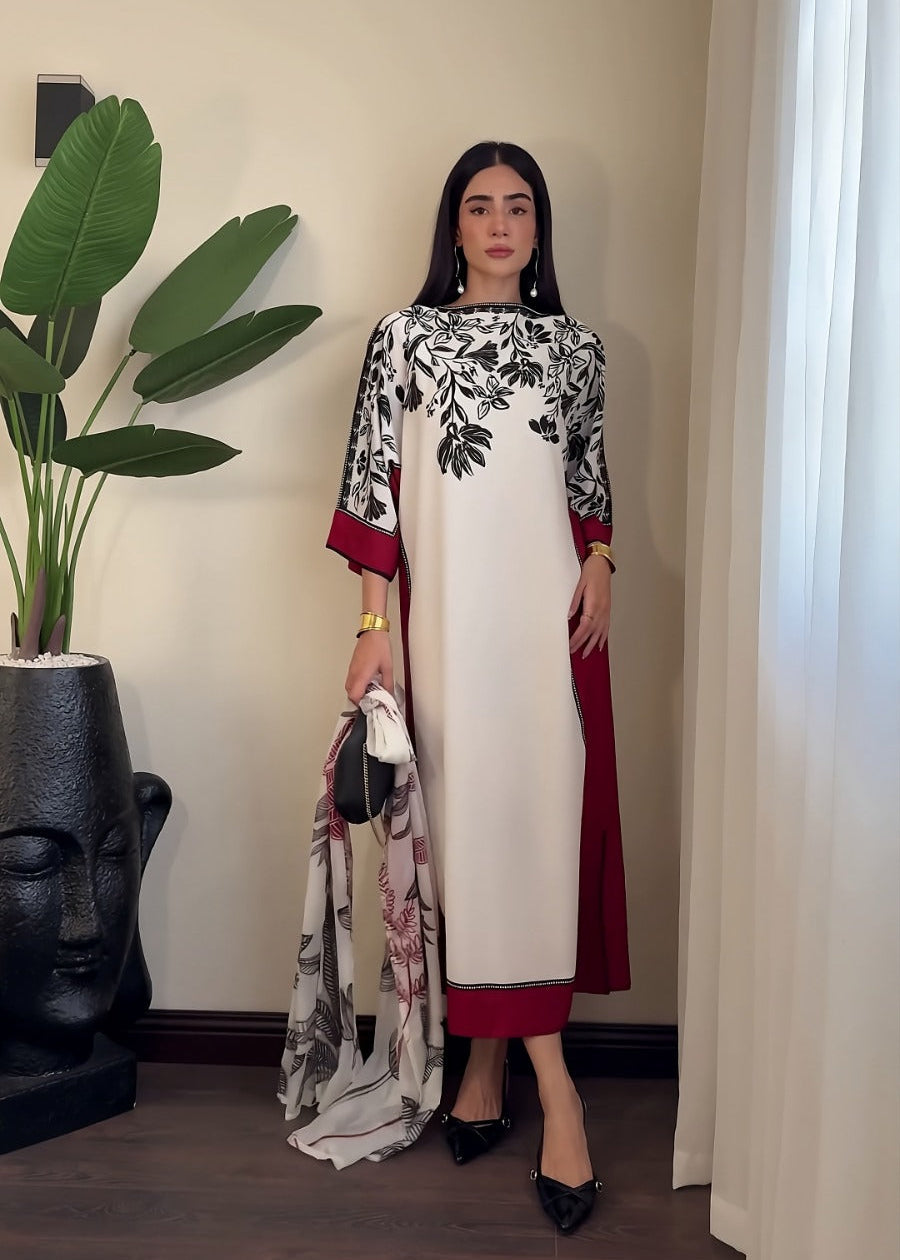 Leafy Red Kaftaan + Dupatta