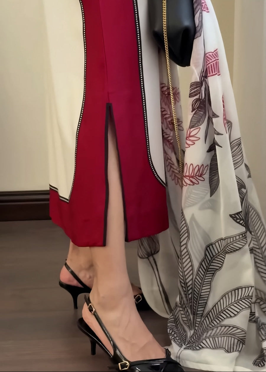 Leafy Red Kaftaan + Dupatta