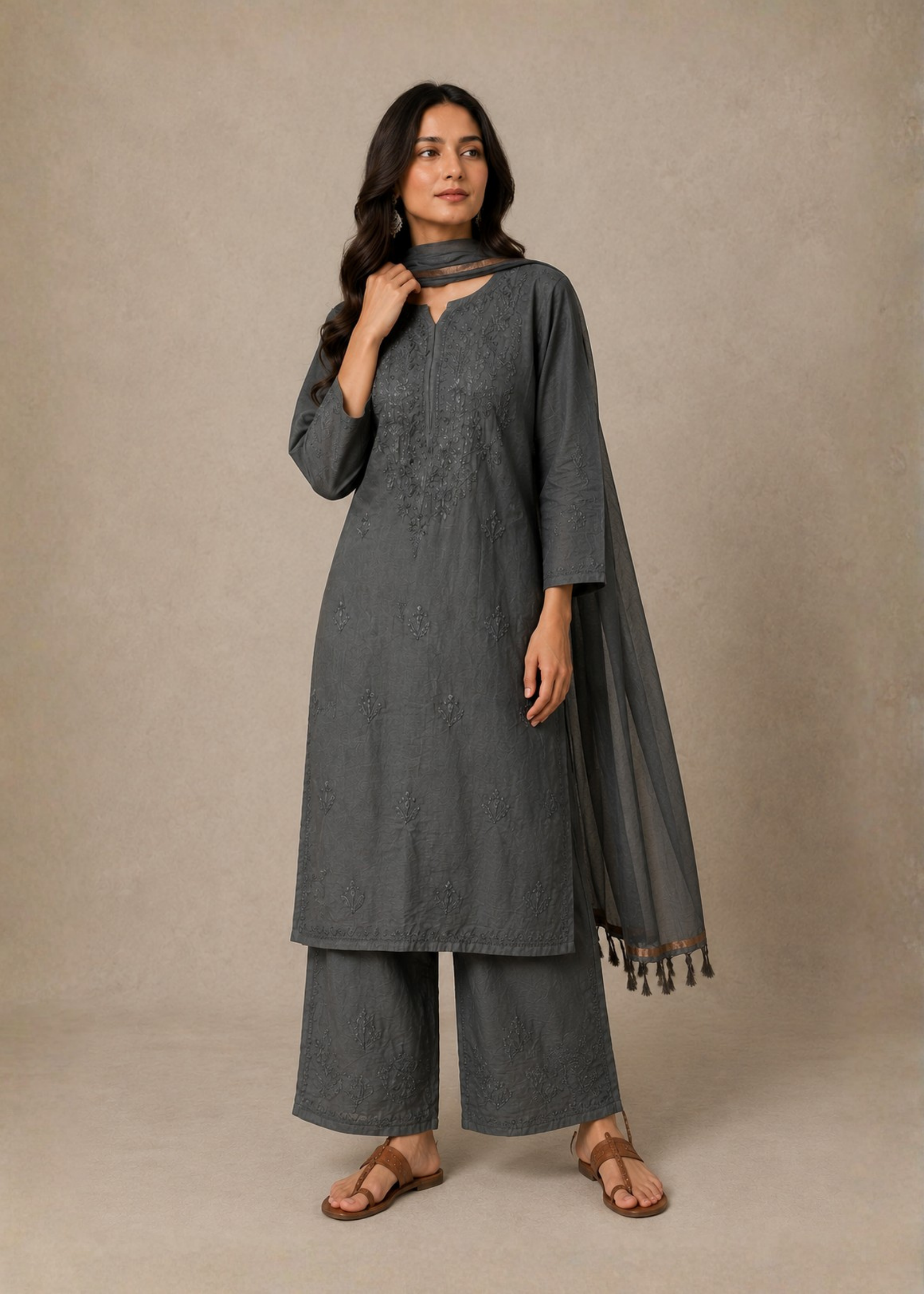 Noor Chikankari 3 Piece Set - Dark Grey