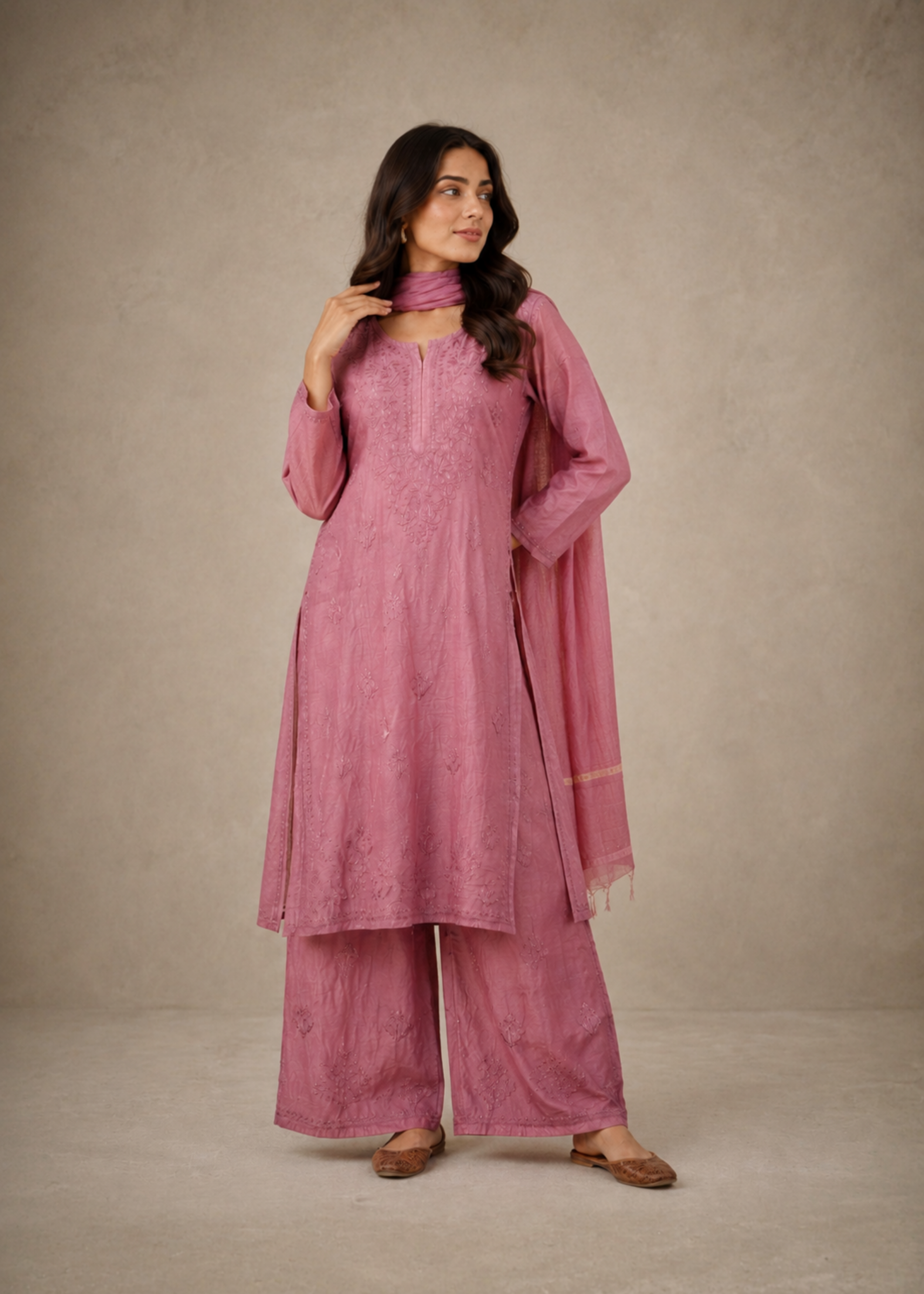 Noor Chikankari 3 Piece Set - Dusty Pink